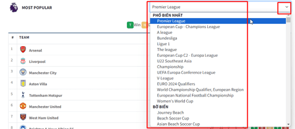 Dropdown bảng xếp hạng bóng đá với thông tin các giải đấu và đội bóng